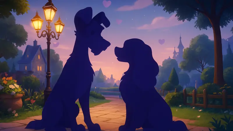 Изображение персонажей Леди и Бродяга из мультфильма Disney в стилистике игры Disney Dreamlight Valley.