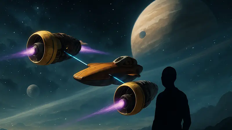 Скоростной гоночный корабль из Star Wars: Galactic Racer в полёте на фоне космического пейзажа.