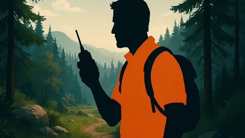 Игровой персонаж Firewatch с рацией на фоне леса, обсуждающий реактивное повествование в играх.