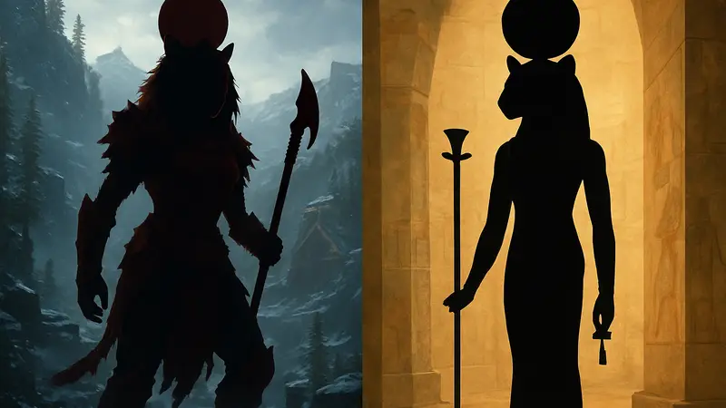 Изображение богини Секмет из игры God of War и ее традиционный египетский образ.