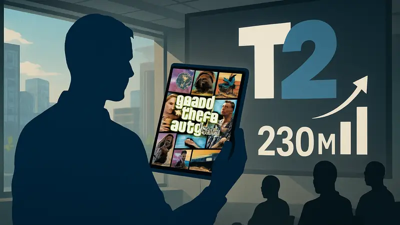 Обложка игры Grand Theft Auto V с логотипом Take-Two, демонстрирующая рекордные продажи.