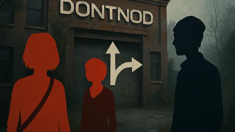Логотип DontNod, персонажи Life is Strange, символ выбора в играх.