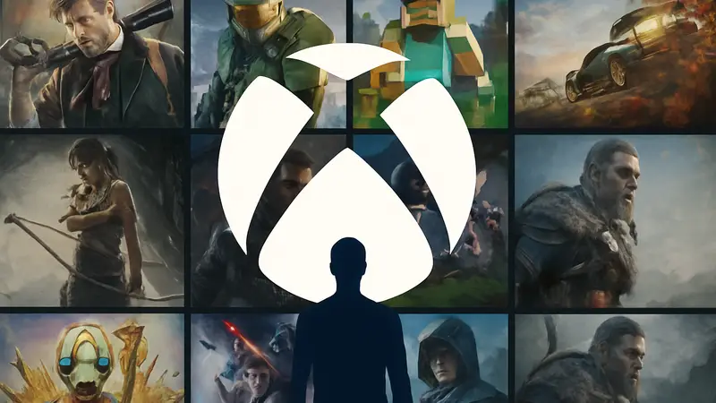 Логотип Xbox с фоном из обложек популярных игр, символизирующий масштабную распродажу