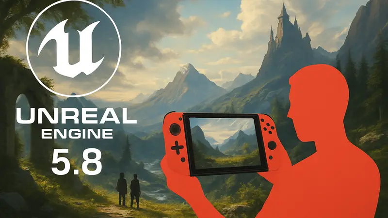 Логотип Unreal Engine 5.8 и стилизованное изображение Nintendo Switch 2 на фоне улучшенной графики