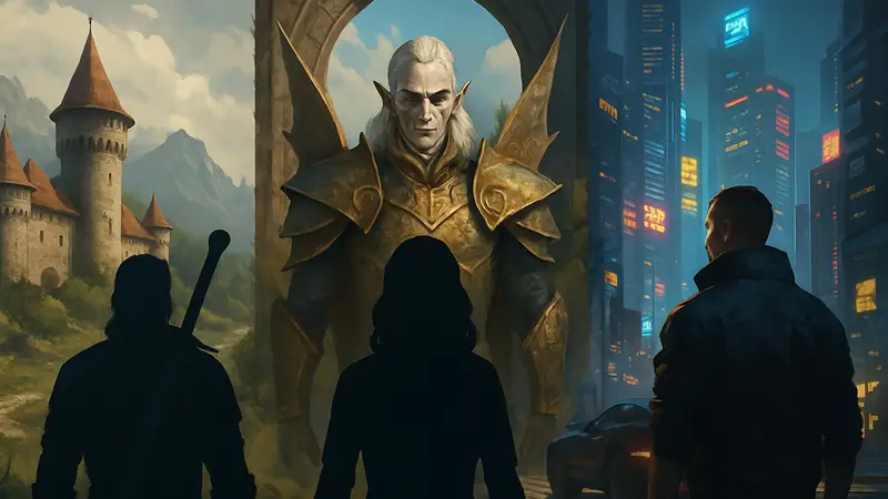 Изображение коллажа из популярных RPG, таких как The Witcher, Baldur's Gate, Cyberpunk 2077.