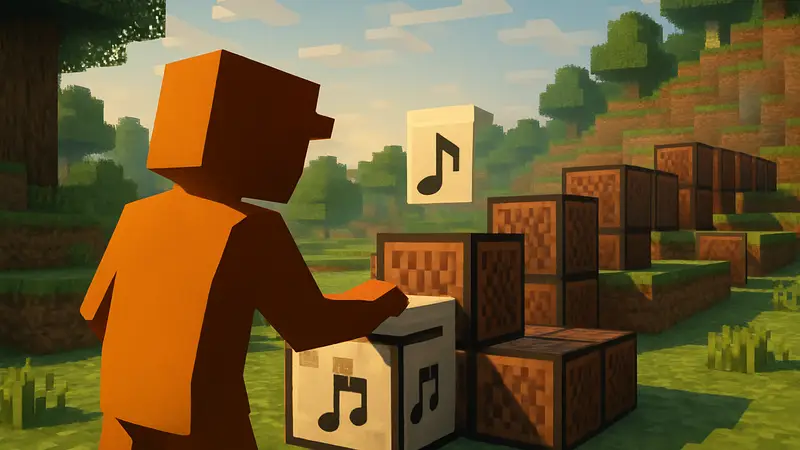 Кадр из Pokopia: игрок создает мелодию из нотных блоков, воссоздавая рок-песню.