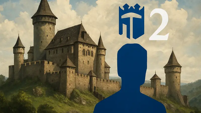 Логотип игры Kingdom Come Deliverance 2 на фоне средневекового замка.