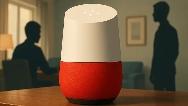 Умная колонка Google Home Speaker красного цвета на столе, крупный план.