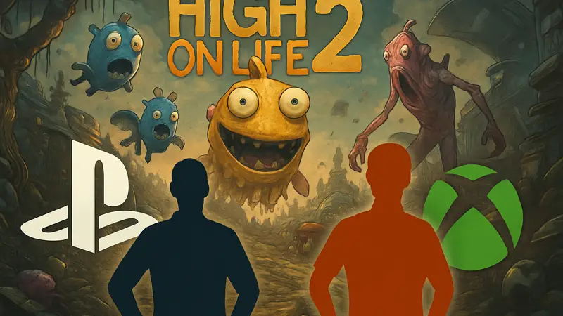 Обложка игры High On Life 2 с персонажами, на фоне логотипов PlayStation 5 и Xbox, символизирующих борьбу платформ за производительность.