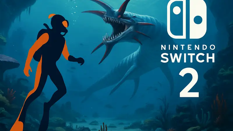 Подводный мир Subnautica с Левиафаном, скриншот из игры с логотипом Nintendo Switch 2
