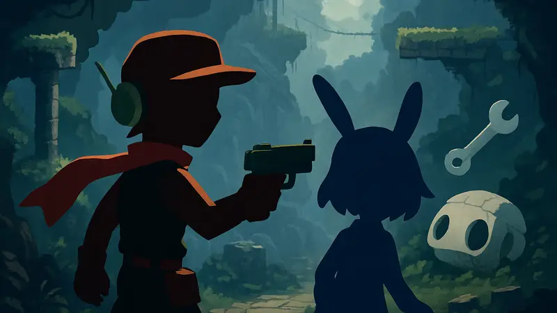 Cave Story++ обложка, показывающая главного героя Курасуке с новым кооперативным персонажем и элементы моддинга