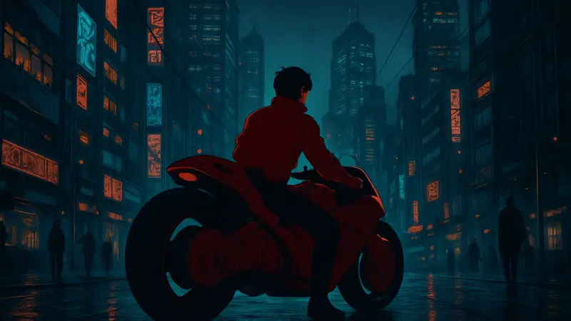 Канеда из манги «Акира» на мотоцикле в футуристическом Нео-Токио, отражающий эстетику киберпанка.