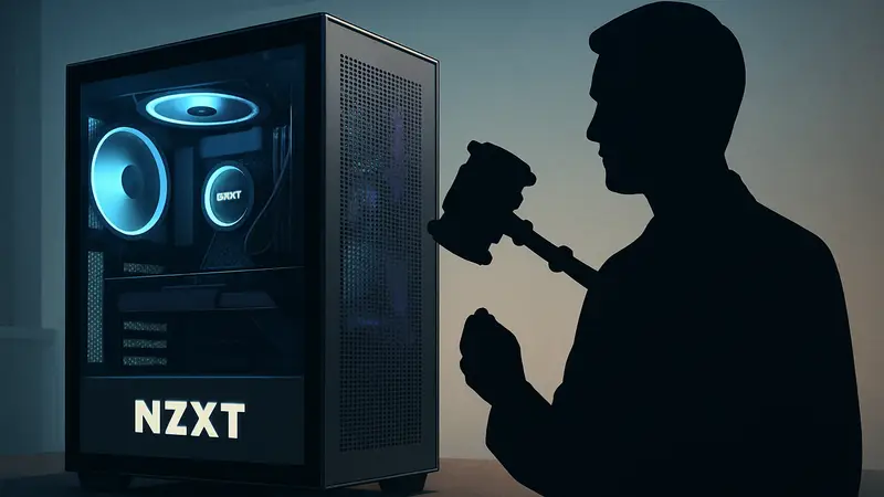 Логотип NZXT на фоне игрового компьютера, символизирующий судебное урегулирование и компенсацию клиентам.