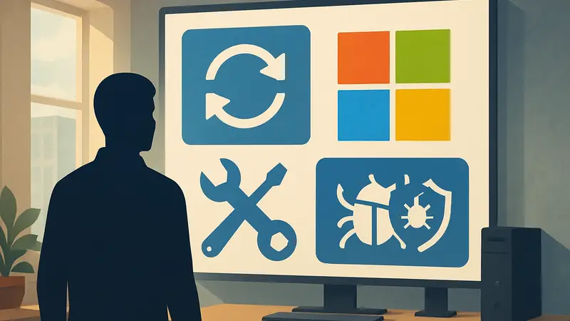 Обновление Windows Update, логотип Microsoft и иконки исправлений, связанные с исправлениями багов