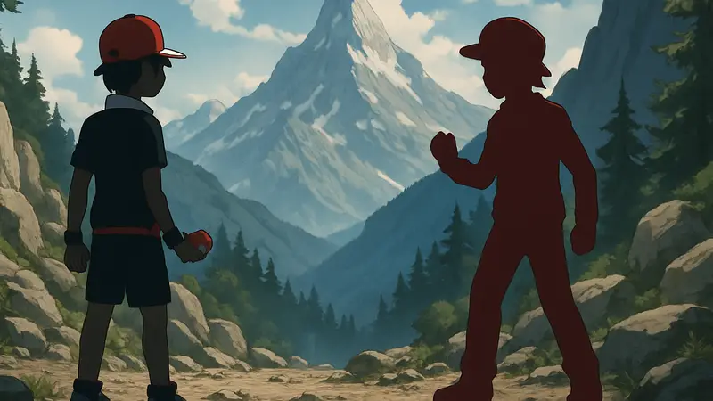 Арт из аниме Pokémon, намекающий на схватку Реда и Голда на горе Сильвер.