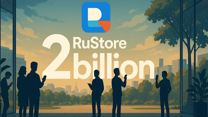 Логотип RuStore с числом "2 миллиарда" загрузок, сгенерированный нейросетью Midjourney.
