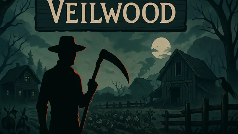 Обложка игры Veilwood, показывающая темный фермерский симулятор в стиле Stardew Valley.