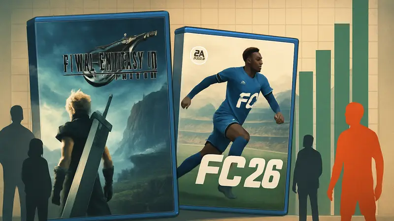 Обложки игр Final Fantasy VII Rebirth и FC 26, на фоне диаграммы игровых продаж Великобритании.