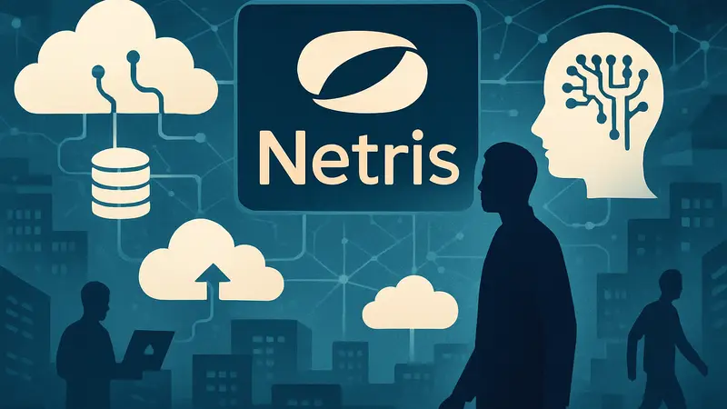 Логотип Netris и символы облачных технологий и искусственного интеллекта