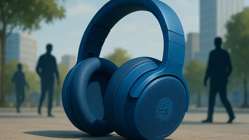 Bluetooth-колонка JLab Audio Blue XL в виде больших наушников, лежащая на поверхности.
