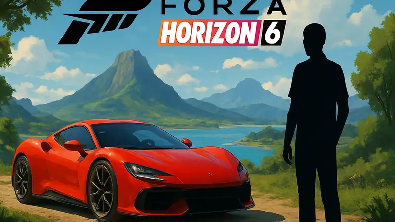 Обложка Forza Horizon 6 с гоночным автомобилем на фоне живописного пейзажа, анонс предзаказов.