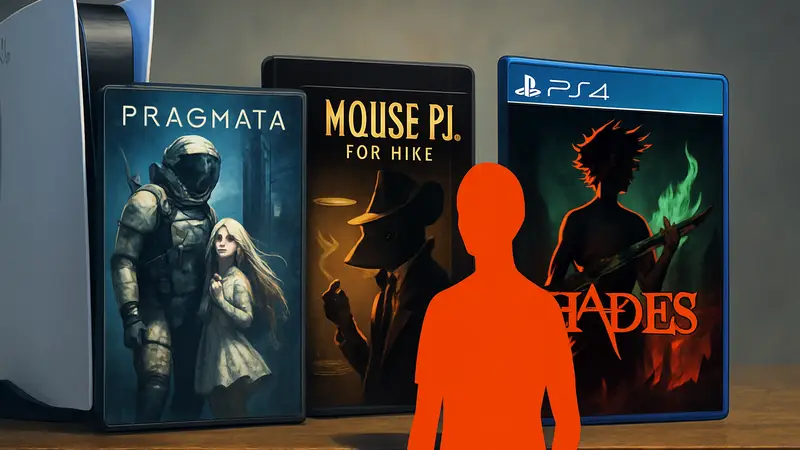 Обложки игр Pragmata, Mouse P.I. For Hire и Hades 2 на фоне консолей PS5 и PS4.