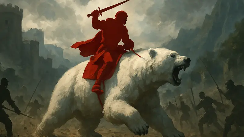 Игрок на Белом медведе в Crimson Desert, верхом в битве