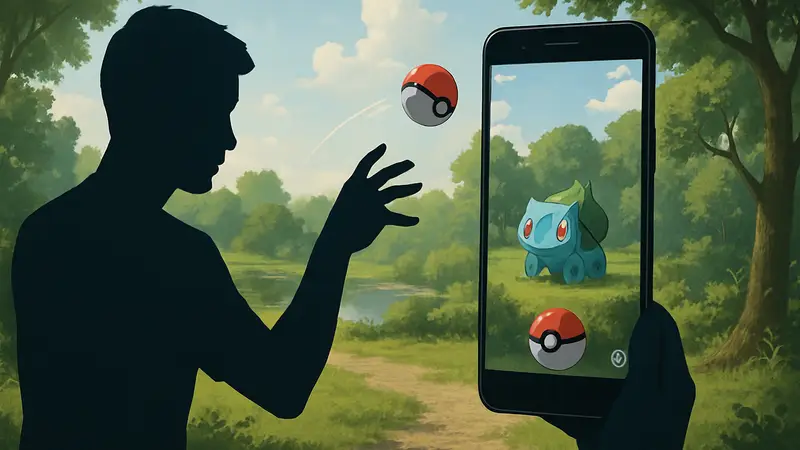 Игрок Pokemon GO бросает покебол в дикого покемона на экране смартфона, отрабатывая бросок.
