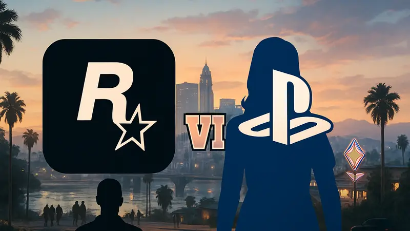 Логотипы Rockstar Games и PlayStation на фоне игрового мира Grand Theft Auto VI.