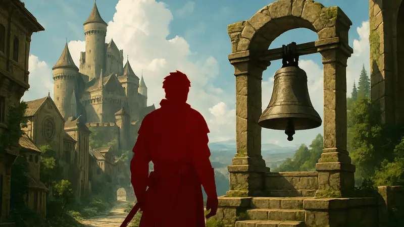 Игрок в Crimson Desert стоит рядом с колоколом в городе Деменис, туман войны развеивается.