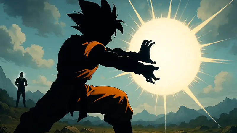 Гоку из Dragon Ball гото вит мощную атаку, символизирующую сильные и слабые техники аниме.