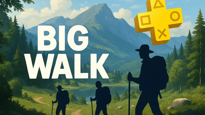 Логотип игры Big Walk на фоне живописного пейзажа, символика PlayStation Plus.