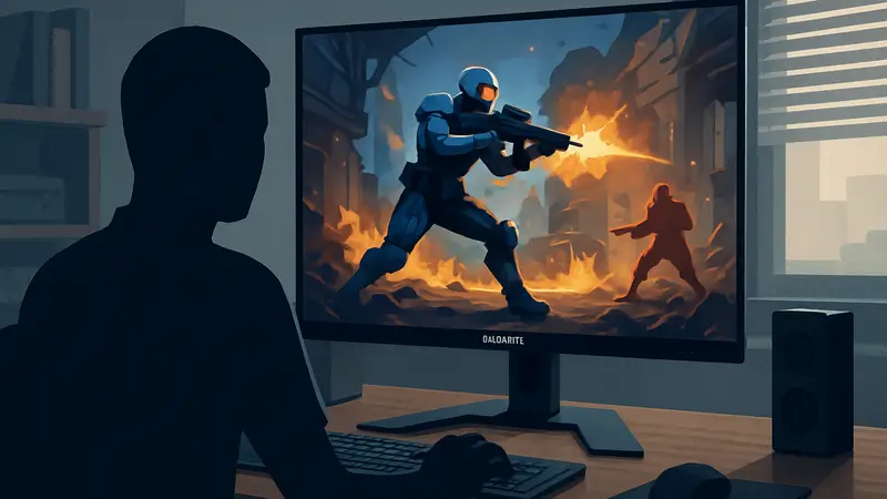 Игровой монитор Gigabyte GO27Q24G на рабочем столе, отображающий динамичную игровую сцену.