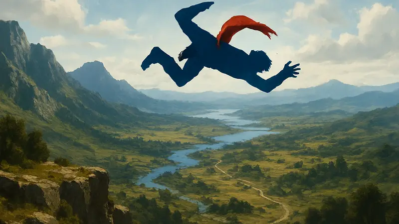 Персонаж Клифф из Crimson Desert выполняет воздушный кувырок над ландшафтом.