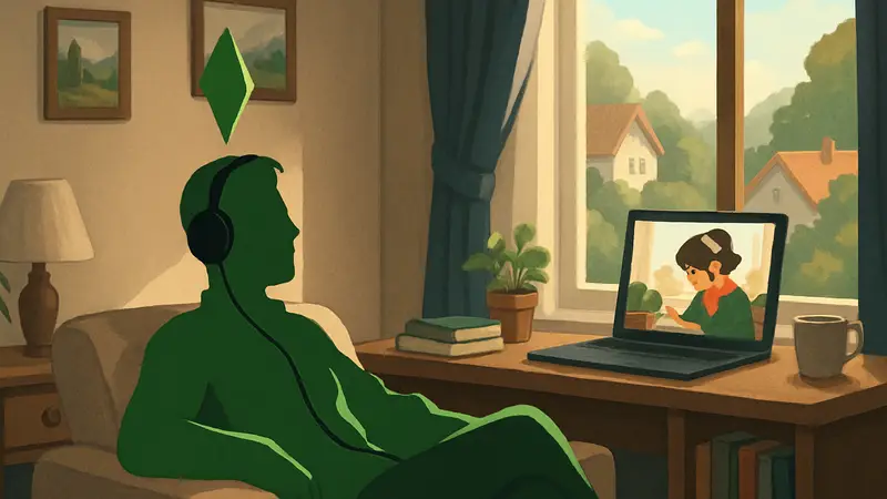 Персонаж из The Sims 4 слушает музыку Lofi Girl в расслабленной позе, символизируя спокойствие и отдых
