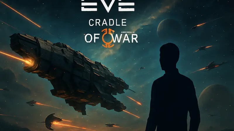 Космический корабль в бою на фоне далекой галактики, логотип EVE Online: Cradle of War.