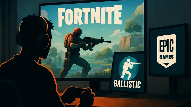 Ютубер Typical Gamer играет в Fortnite, логотип Epic Games и режим Ballistic на экране