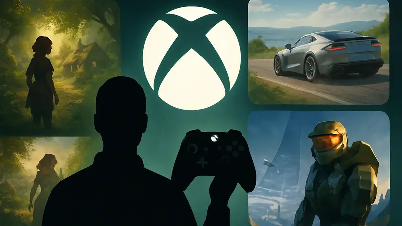Логотип Xbox, геймпад, скриншоты из игр Fable, Forza Horizon 6, Halo