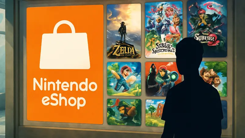 Логотип Nintendo eShop и обложки игр на распродаже.