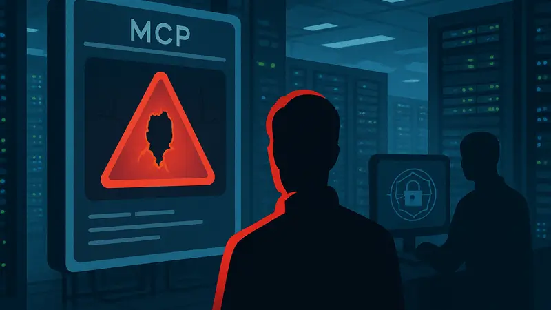 Изображение протокола MCP с уязвимостью, серверы ИИ, кибербезопасность.