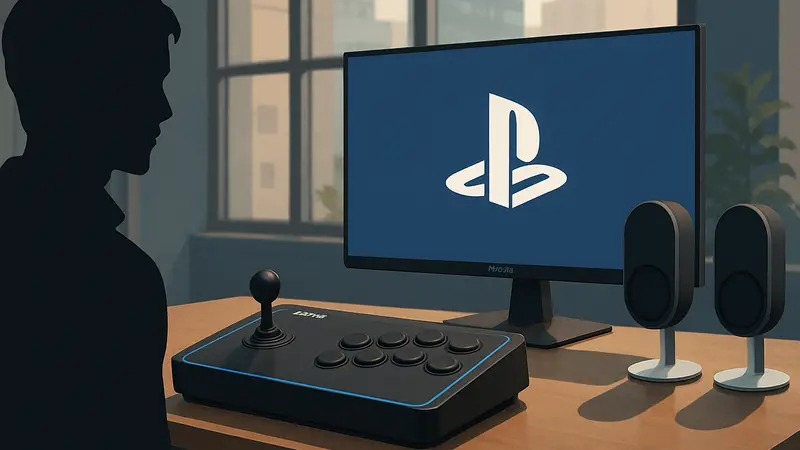 Изображение игрового файтинг-стика Sony FlexStrike рядом с новым игровым монитором и колонками Pulse.