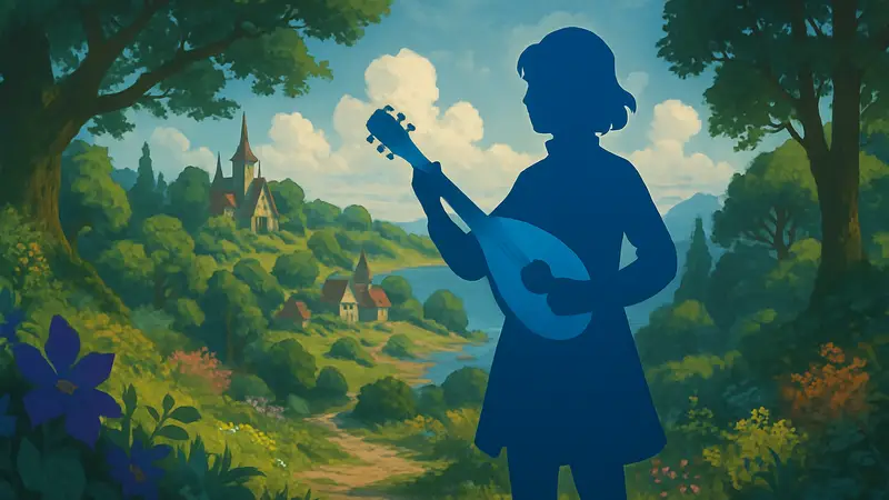 Фэнтезийный мир Songs of Glimmerwick, персонаж с музыкальным инструментом в руках.