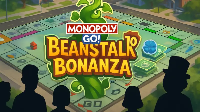 Логотип события Beanstalk Bonanza в Monopoly GO на фоне игрового поля, с указанием дат и наград.