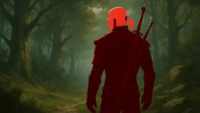 Геральт из Ривии в броне в лесу, иллюстрация к The Witcher 3 Wild Hunt DLC