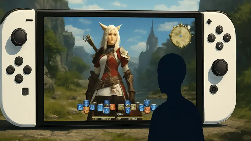 Скриншот геймплея Final Fantasy 14 с элементами интерфейса на фоне Nintendo Switch 2.