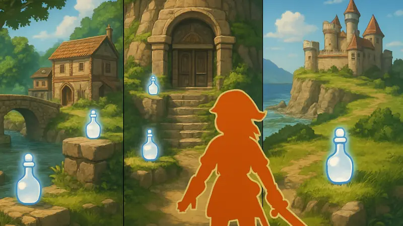 Локации блестящих бутылок для квеста дяди Пайка в Dragon Quest VII Reimagined.