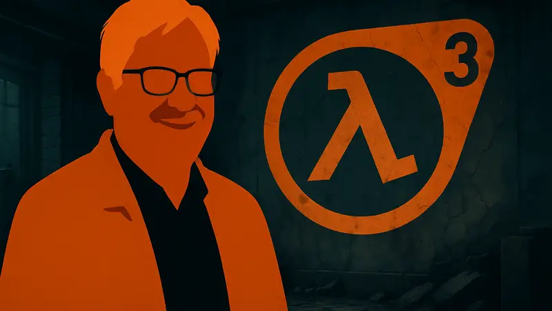 Изображение Чета Фалишека, бывшего сценариста Valve, на фоне логотипа Half-Life 3, слухи о разработке Half-Life 3
