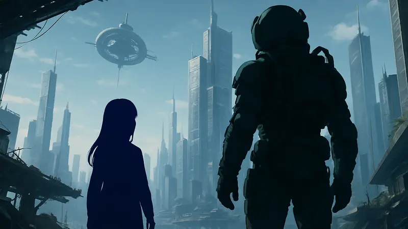 Скриншот из Pragmata, демонстрирующий футуристический пейзаж и персонажей