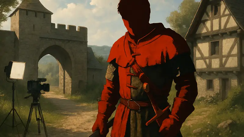 Актер Том МакКей в костюме Генри из игры Kingdom Come: Deliverance, готовый к съемкам фильма.