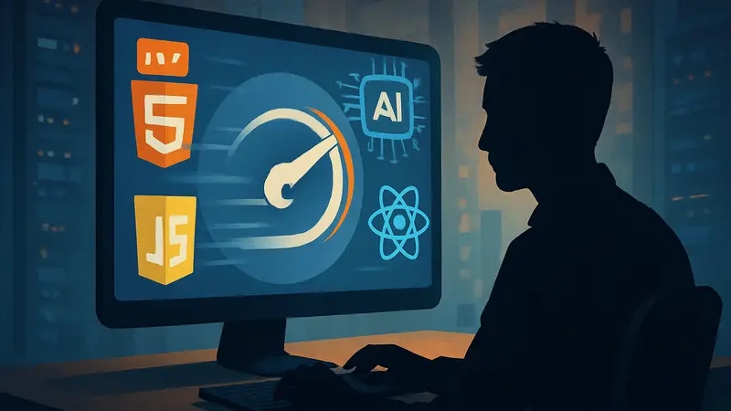 Быстрый браузер с логотипами популярных веб-технологий и элементом AI